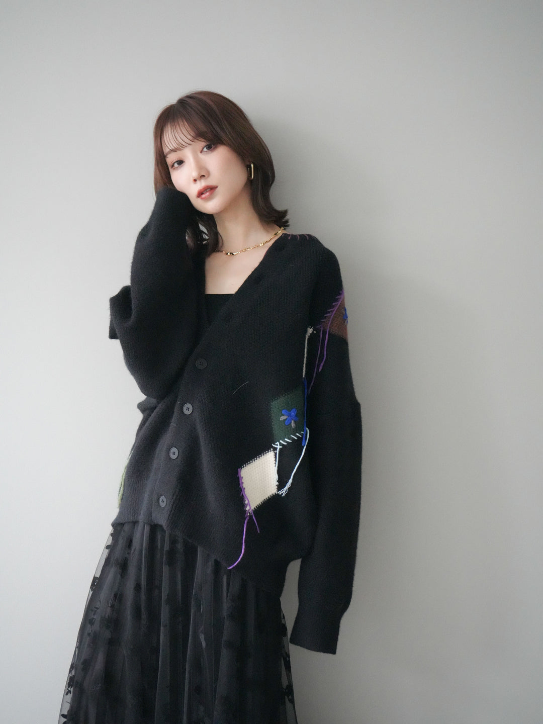 [予約]ハンドステッチアーガイルデザインニットカーディガン/black