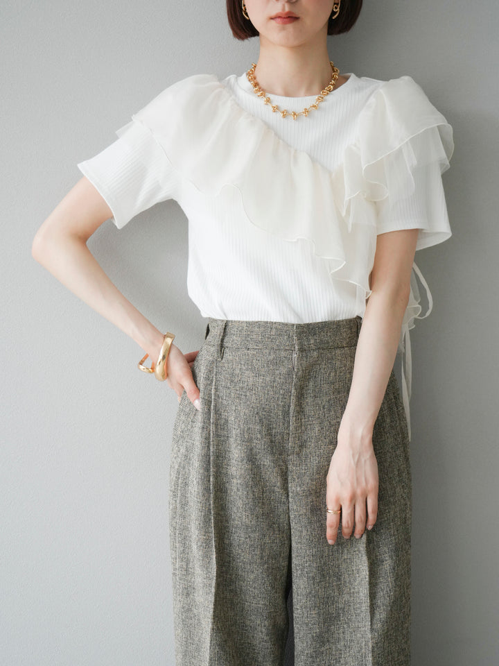 [予約]アシメフリルドッキングカットソー/オフホワイト