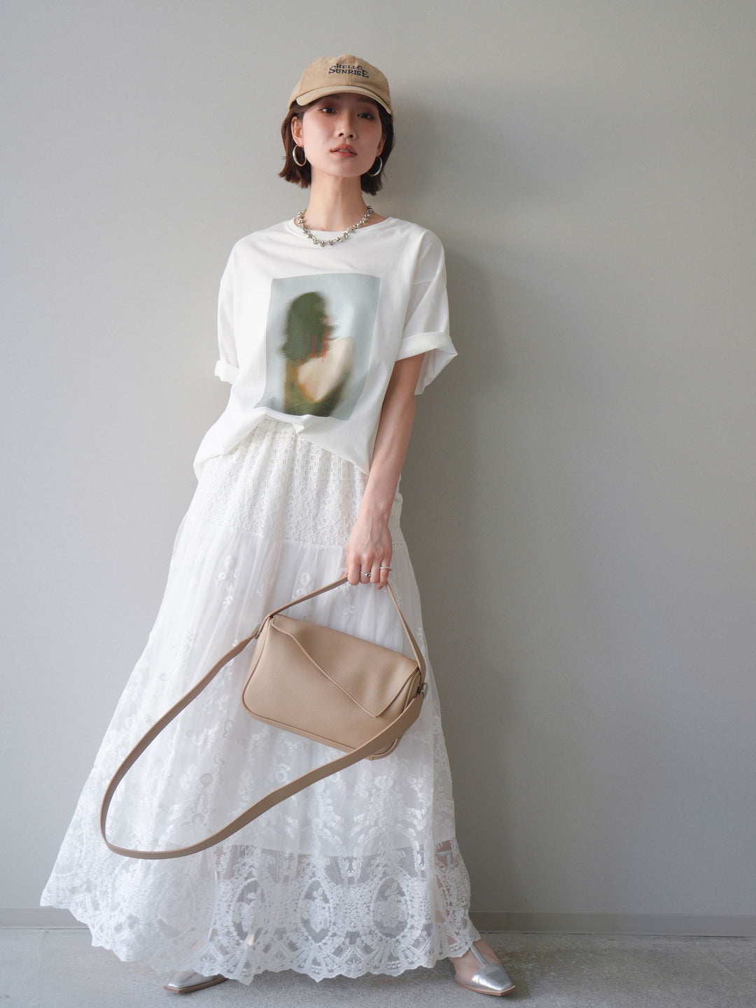 [SET]ブラーアートフォトTシャツ+シアーレースマキシスカート(2set)