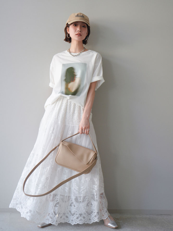 [SET]ブラーアートフォトTシャツ+シアーレースマキシスカート(2set)