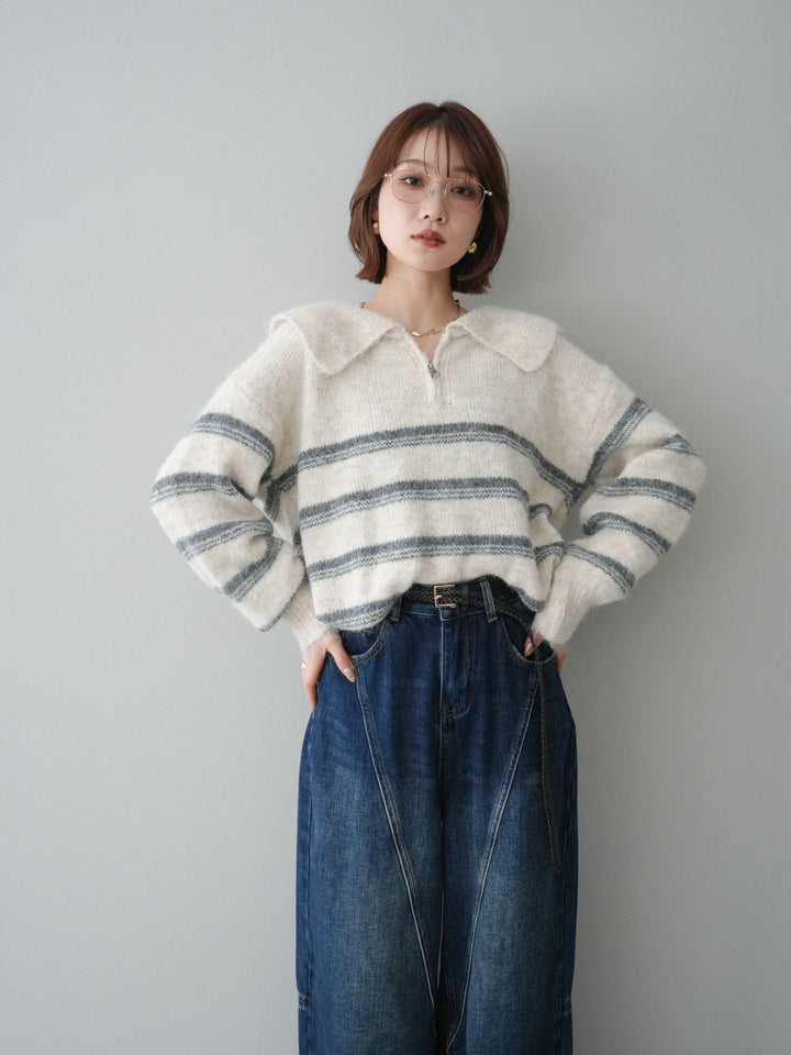 [予約]ハーフジップボーダーニットプルオーバー/ivory