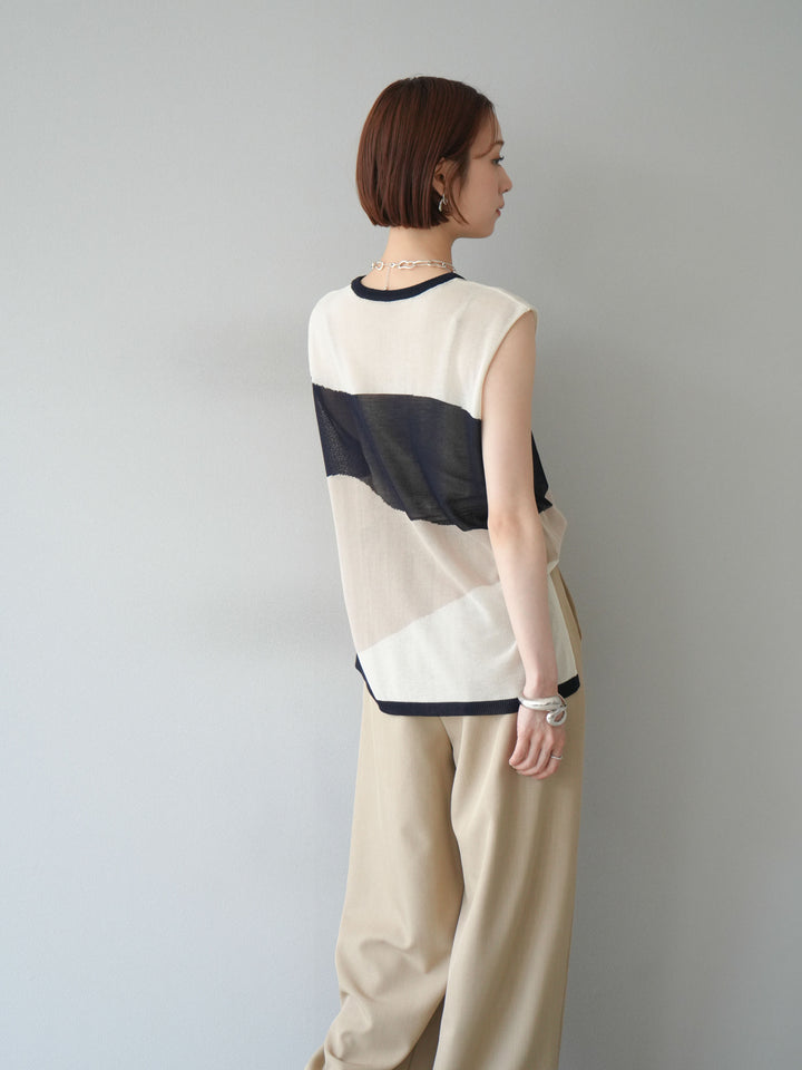 [SET]バイカラーシアーニットノースリーブ+ジップタックワイドパンツ(2set)