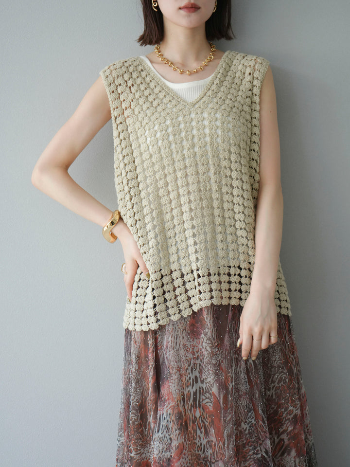 [予約]レースアップクロシェ編みニットベスト/ベージュ