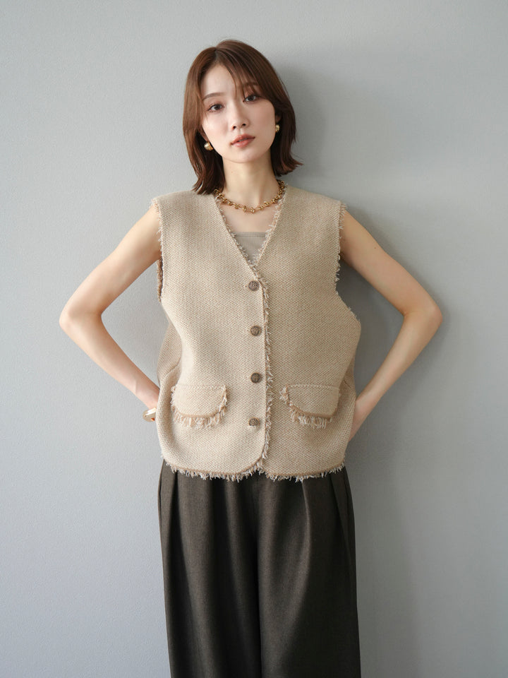 [予約]ツイードライクフリンジニットベスト/ベージュ