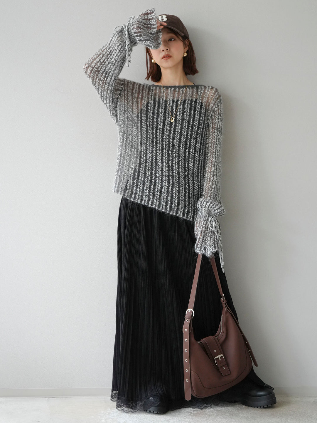 [予約]ストライプメッシュニットプルオーバー/グレー