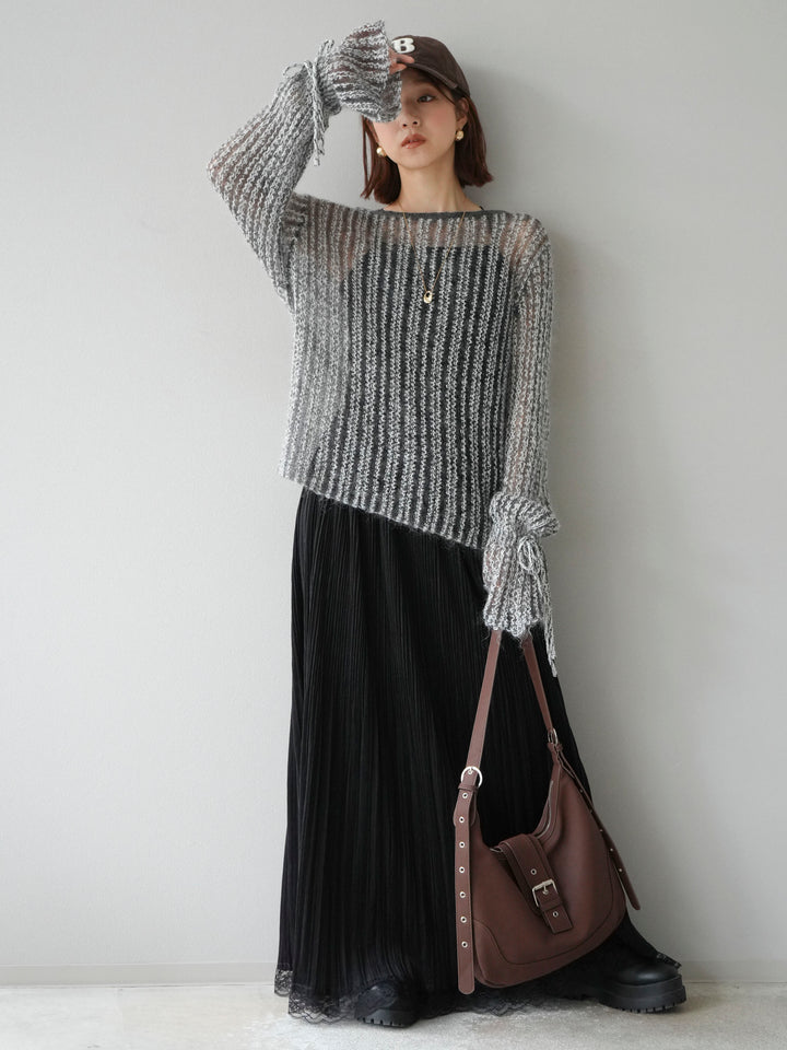 [予約]ストライプメッシュニットプルオーバー/グレー