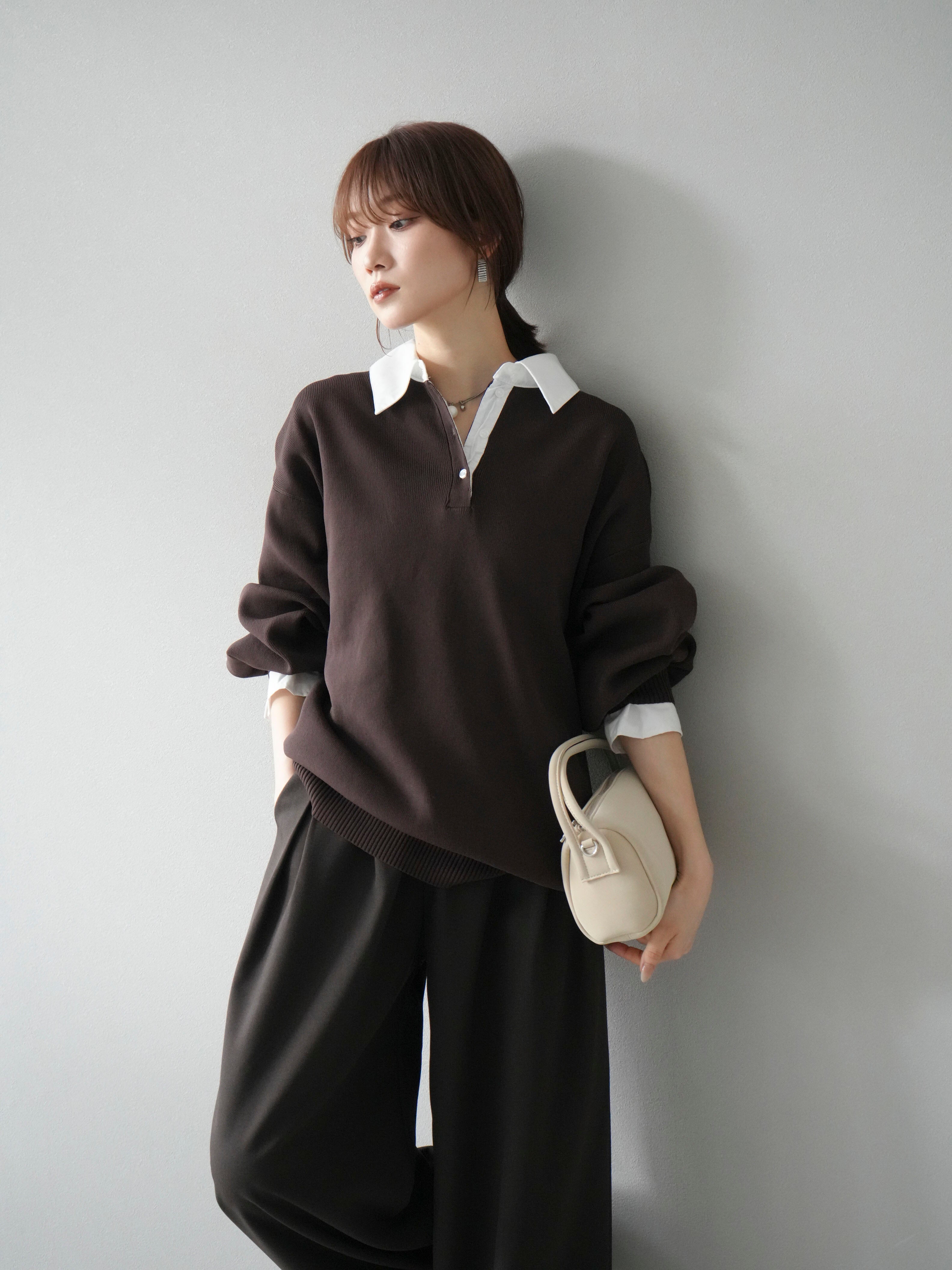 SET]襟付きポロニットプルオーバー+ダブルタックワイドパンツ(2set