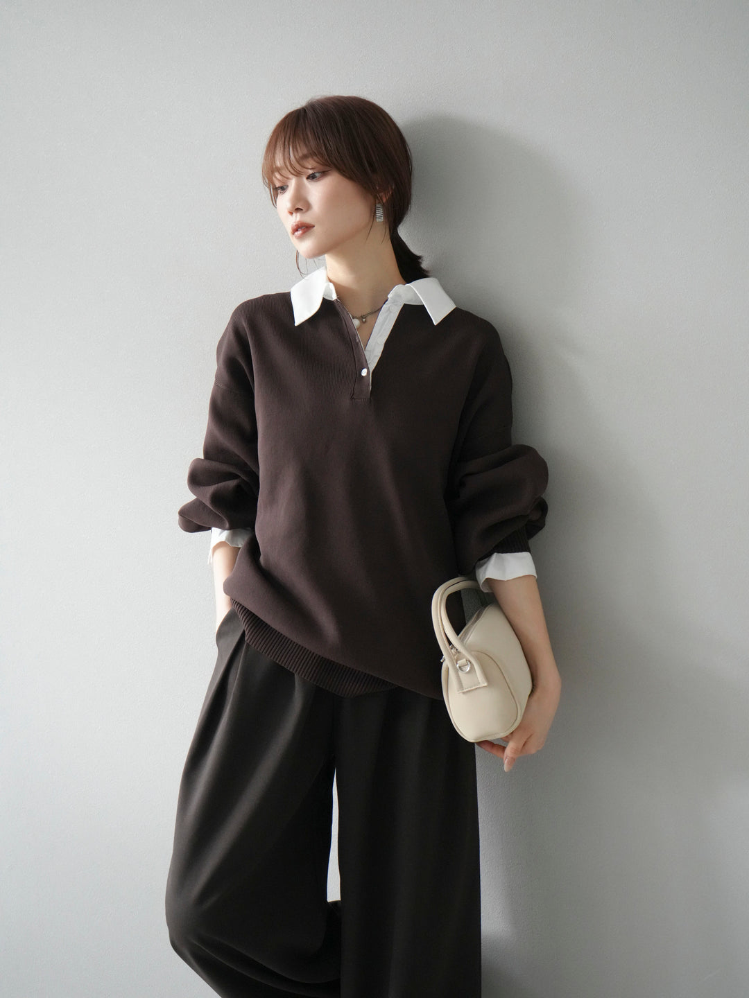 【SET】翻領polo針織套衫+雙褶闊腿褲（2件組）