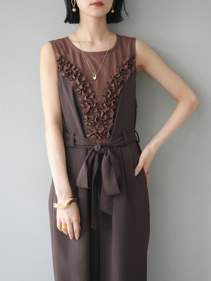 [預購] 荷葉邊設計連身褲/棕色
