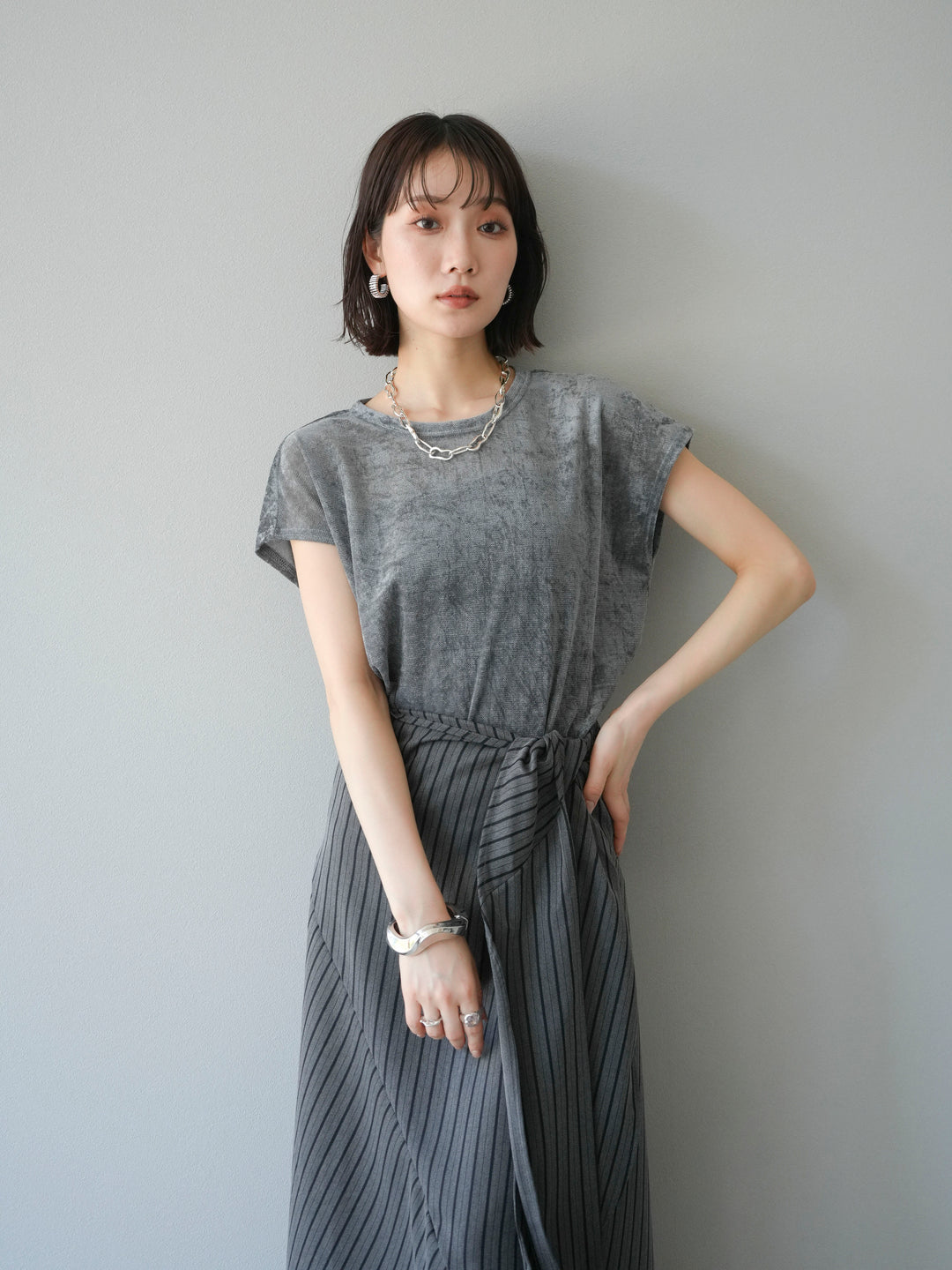 [SET]シアーベロアプルオーバー+サイド巻きツイルスカート(2set)