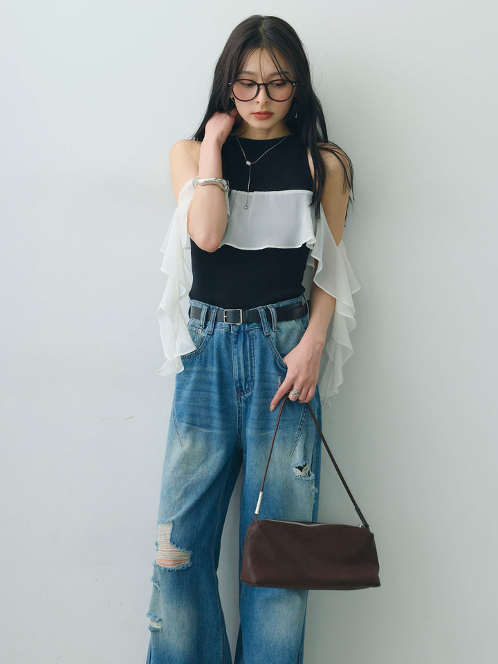 [予約]シフォンフリルドッキングノースリニットトップス/black