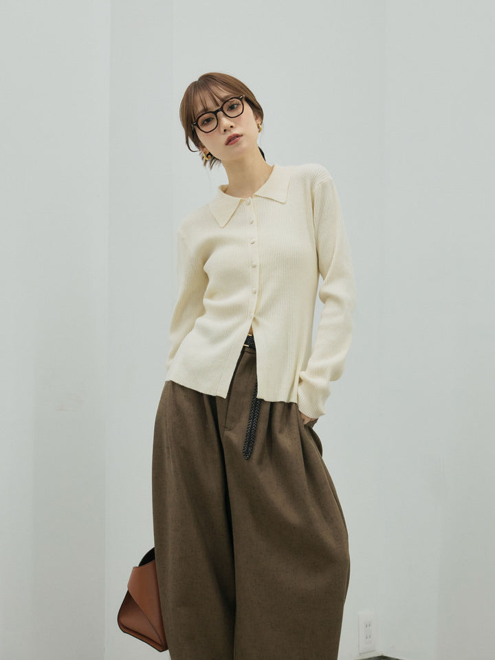 【Allure】[SET]くるみボタンポロリブニットトップス+くるみボタンポロリブニットトップス(2set)