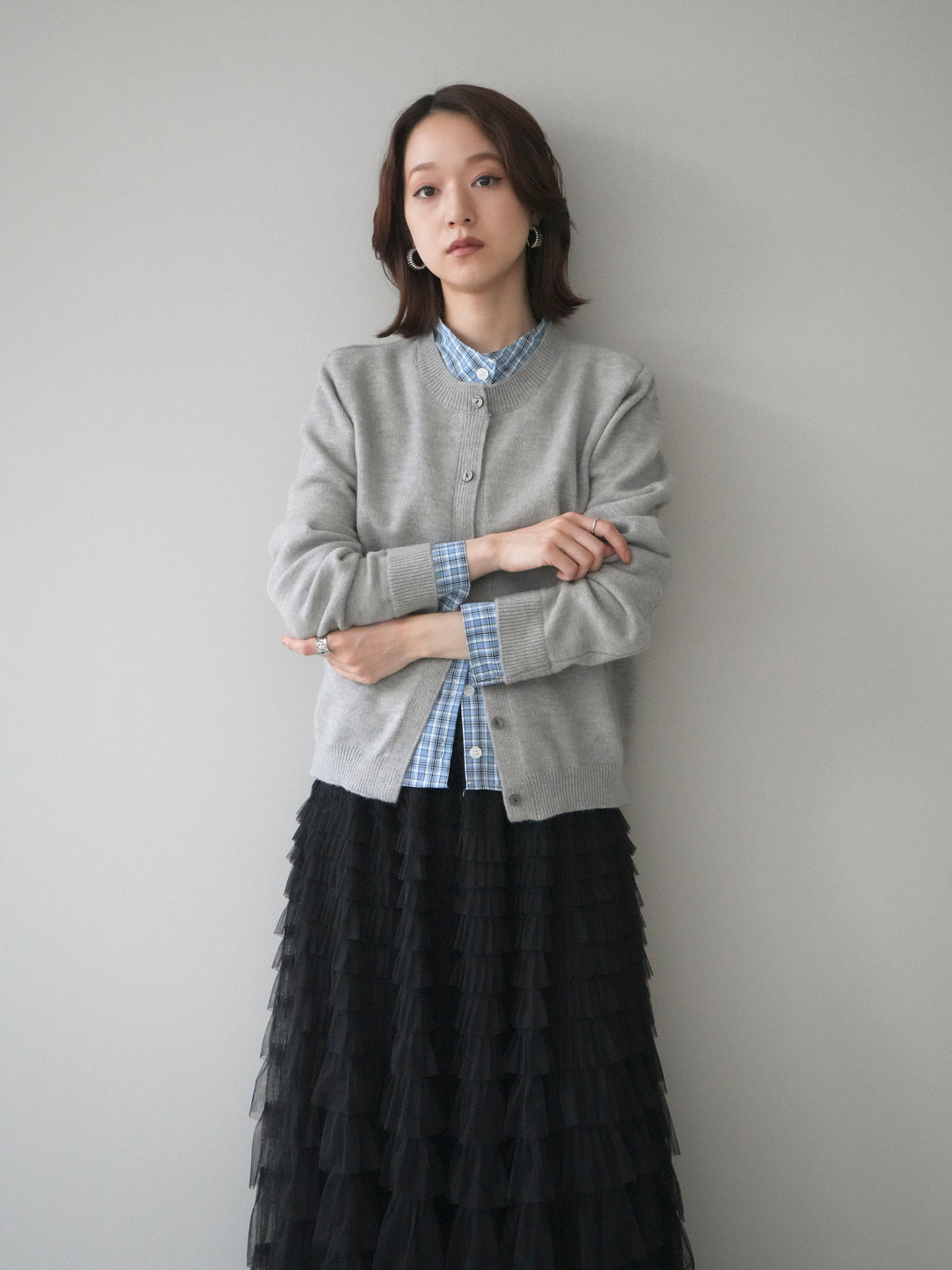 [予約]チェックシャツレイヤードデザインニットカーディガン/gray