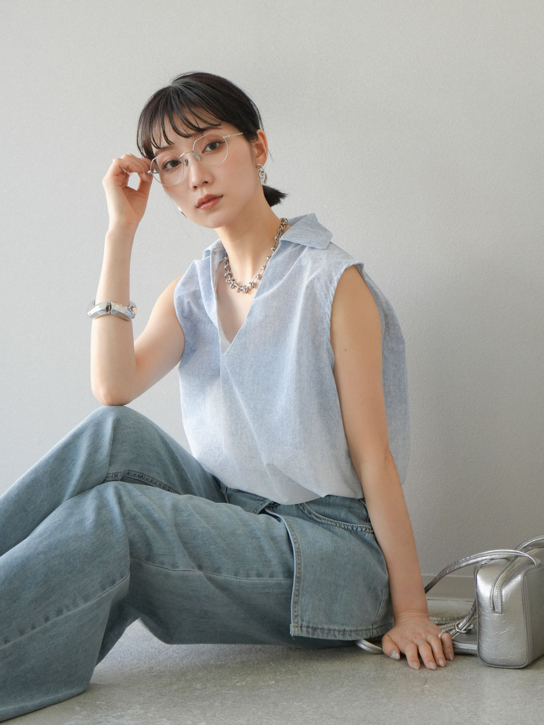 [予約]染めグラデージョンスキッパーブラウス/ライトブルー