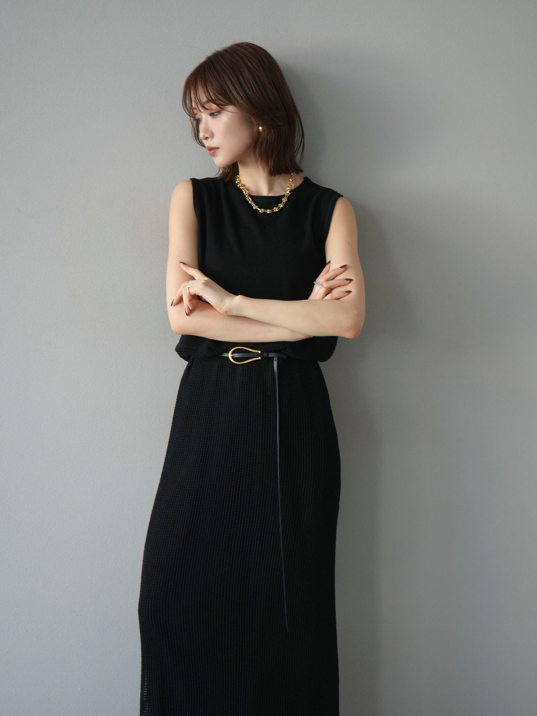 [予約]メッシュ切替ノースリーニットワンピース/black