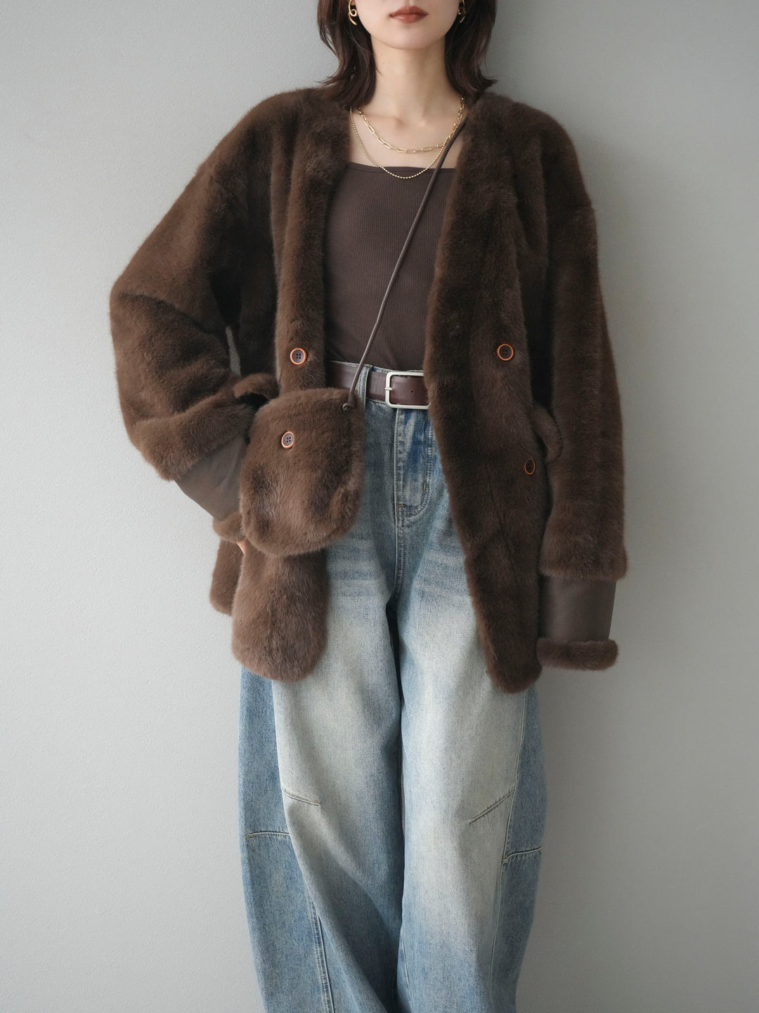 [SET]バッグ付エコファーノーカラーコート+ベルト付カーブデニムパンツ(2set)