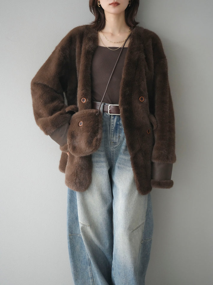 [SET]バッグ付エコファーノーカラーコート+ベルト付カーブデニムパンツ(2set)