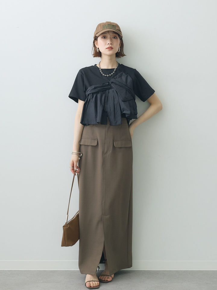 [SET]ナイロンドッキングツイストTEE +クレープデシンフラップ付きストレートスカート(2set)