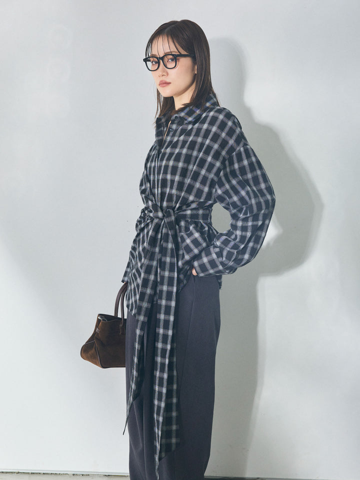 【Allure】[SET]ウエストアシメリボンシャツ+アシンメトリーウエストタックパンツ(2set)