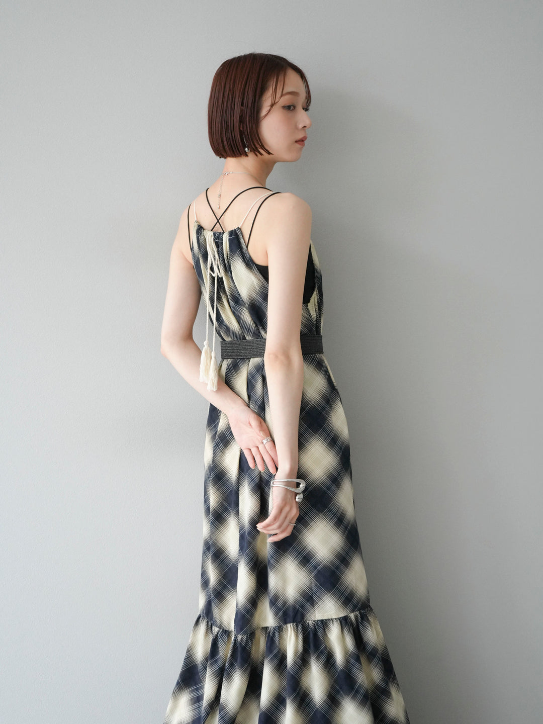 [予約]ベルト付チェックノースリーブワンピース/ブルー