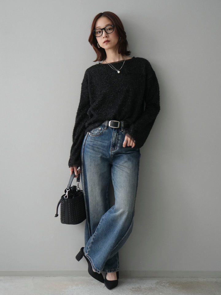 [SET]ラメシャギートップス+サイド切替カーブデニムパンツ(2set)