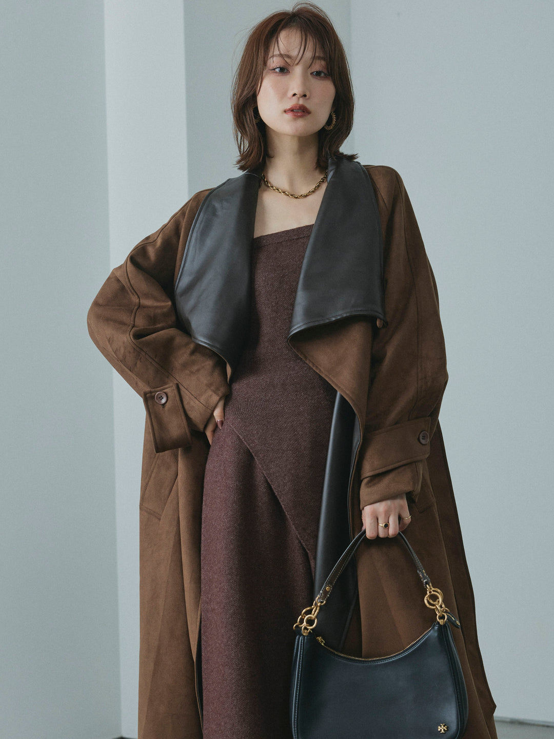 [予約]レザーカラースウェードロングコート/brown