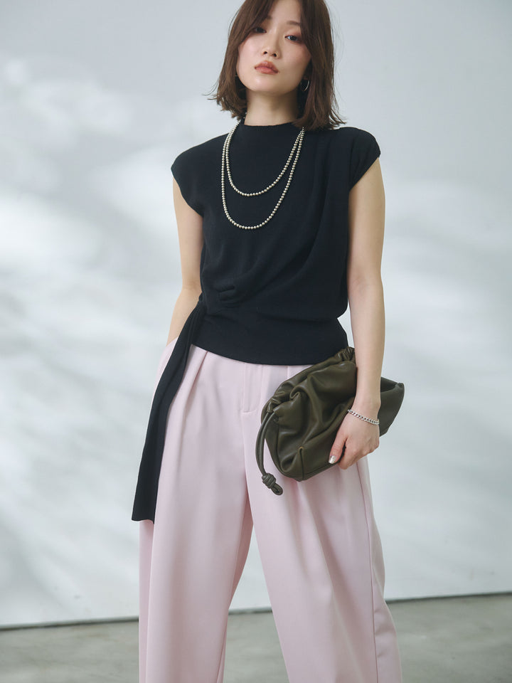 【Allure】[SET]サイドベルトボトルネックノースリーブニットトップス+エステルツイルタックワイドパンツ(2set)