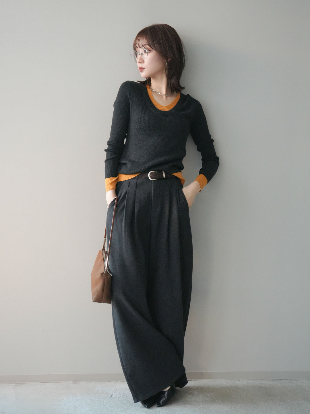 [予約]アニマル柄ベルト付きウールタッチワイドパンツ/charcoal