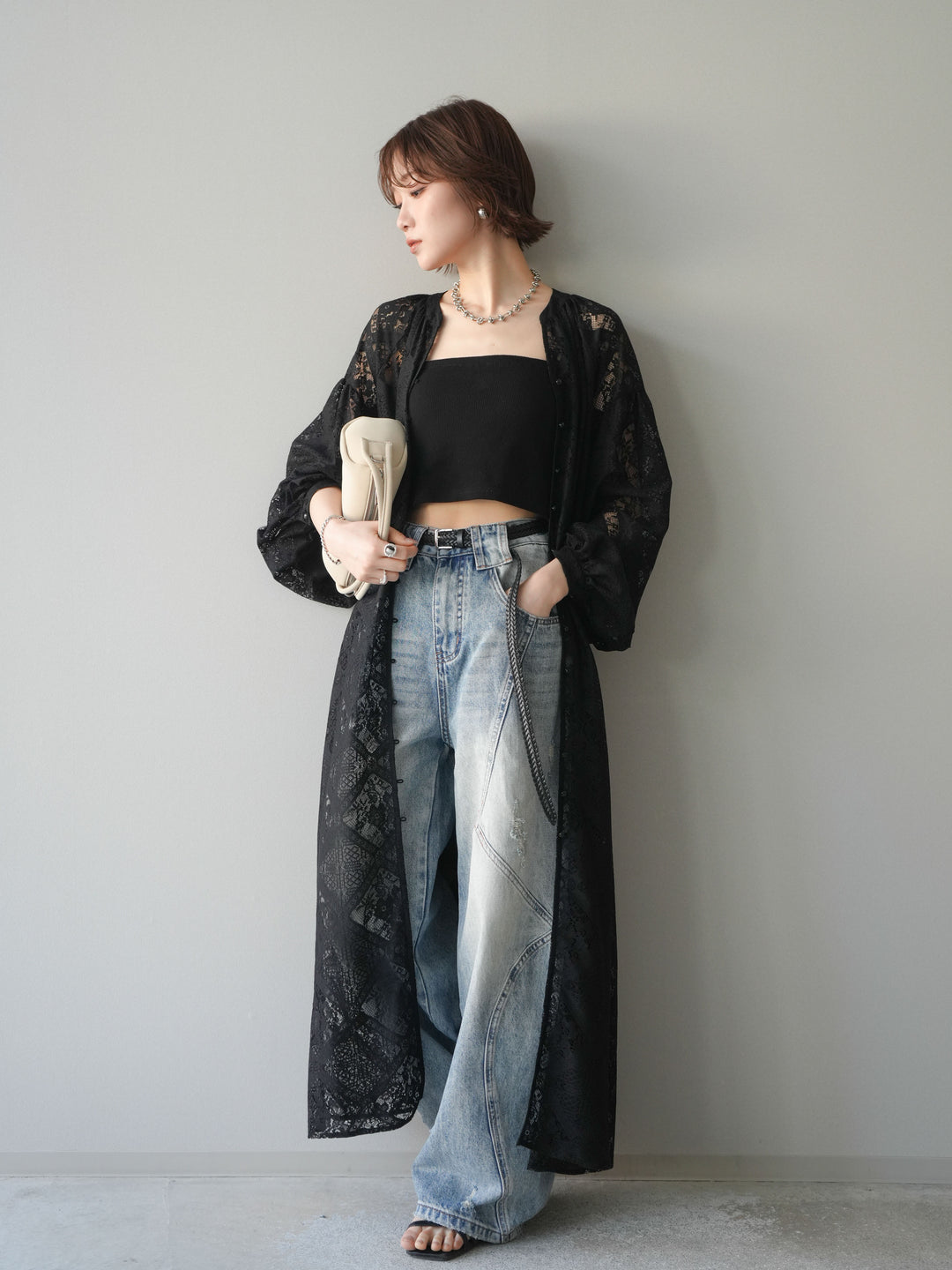 【預購】薄紗蕾絲長裙 / 黑色