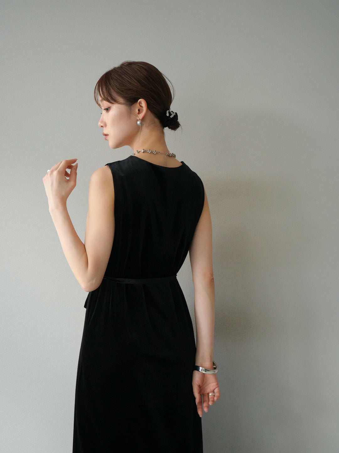 [予約]裾コットンレースベロアワンピース/ブラック