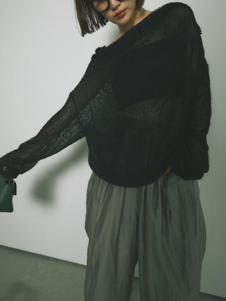 [SET] 後背垂墜網眼套頭衫 + 透明萊賽爾三折寬褲 (2 套)