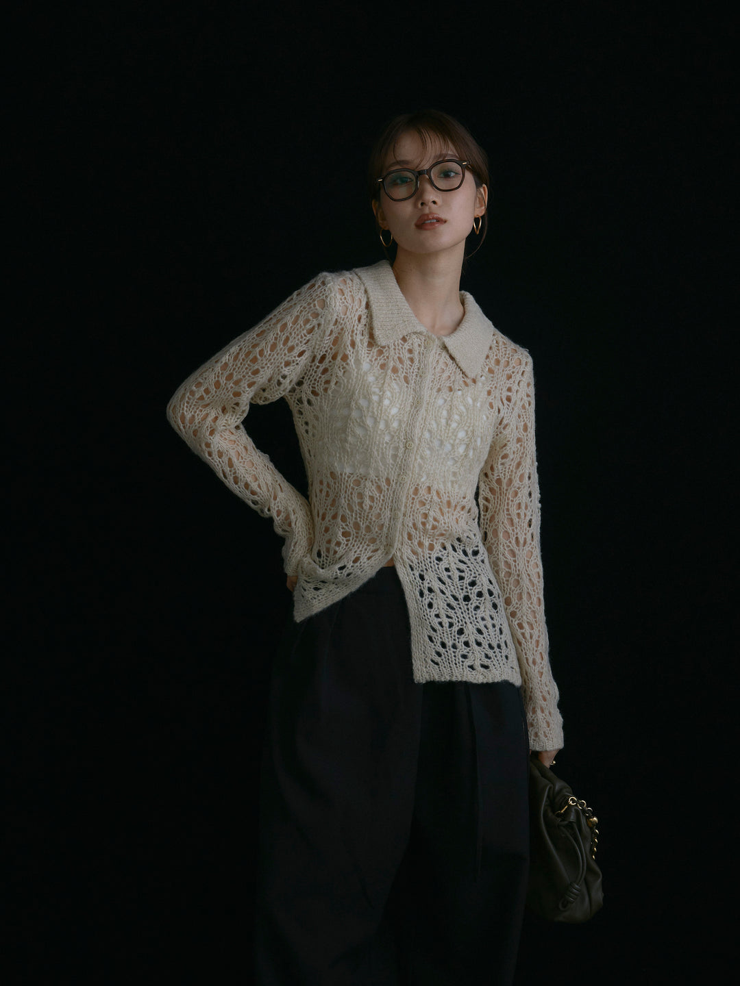 [予約]ローゲージ透かし編みポロニッカーディガン/アイボリー