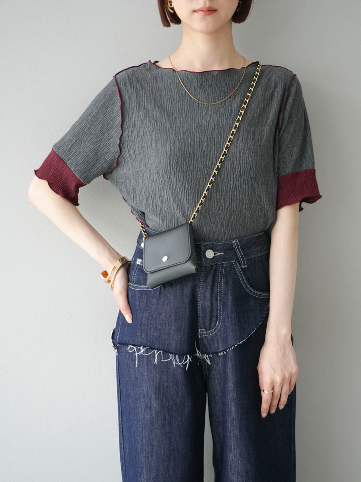 [SET] 百褶同色船領套頭衫 + 臀部設計牛仔褲（2 件組）