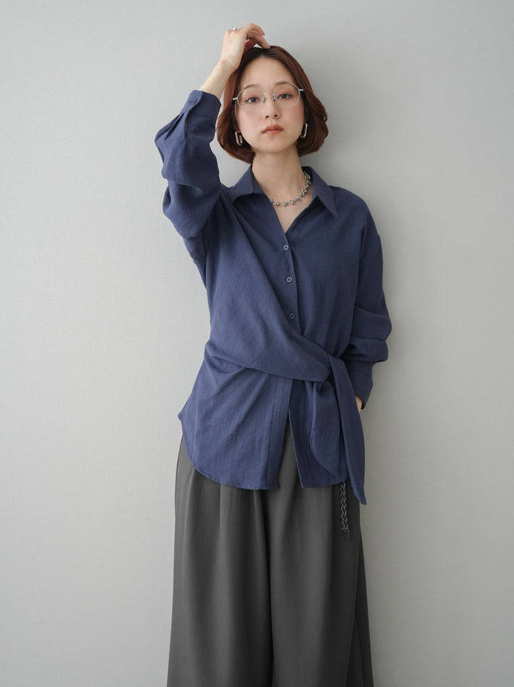 [SET]フロントアシンメトリーブラウス+編み込みベルト付タックワイドパンツ(2set)