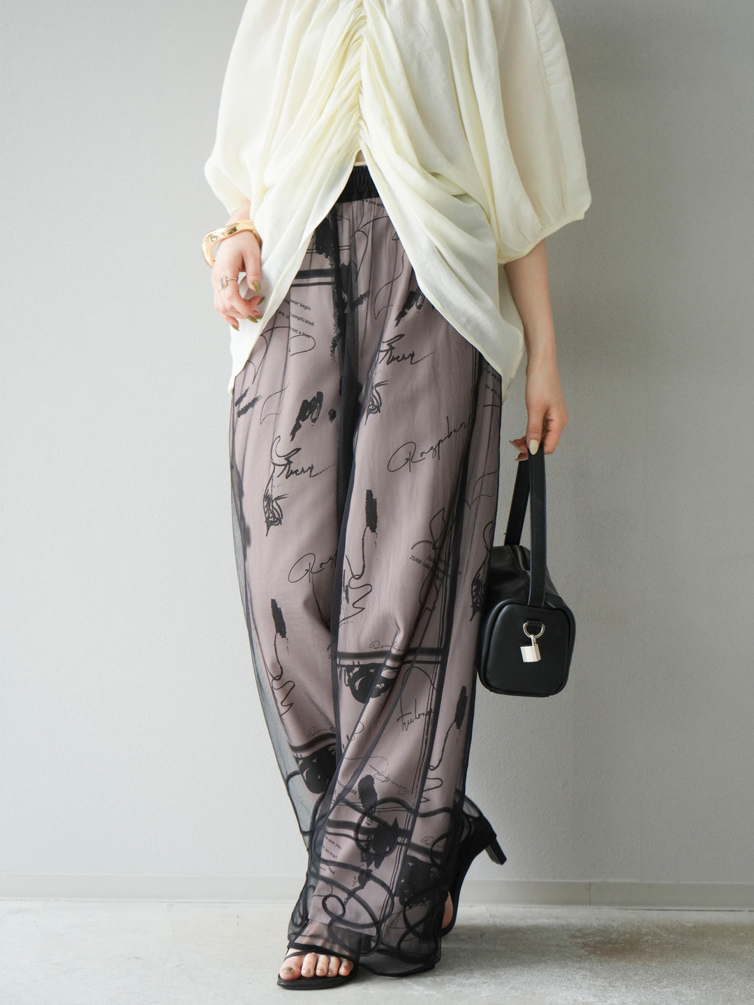 [SET]ボリュームスリーブシアータックブラウス+コード刺繍チュールレイヤードパンツ(2set)