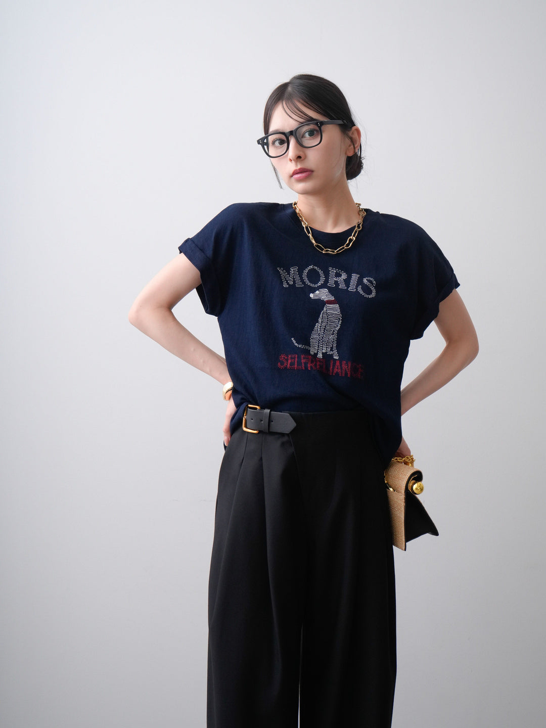 [SET]ドッグエンブロイダリーTEE+アシンメトリーベルトタックワイドパンツ(2set)