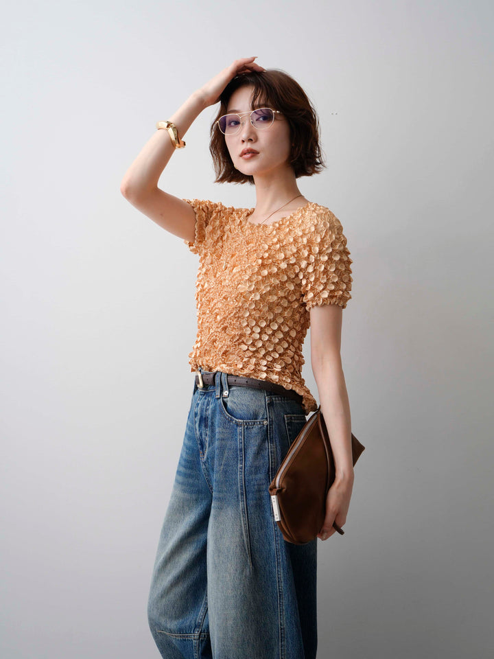 【套裝】波點褶皺法式上衣+弧形牛仔褲（兩件套）