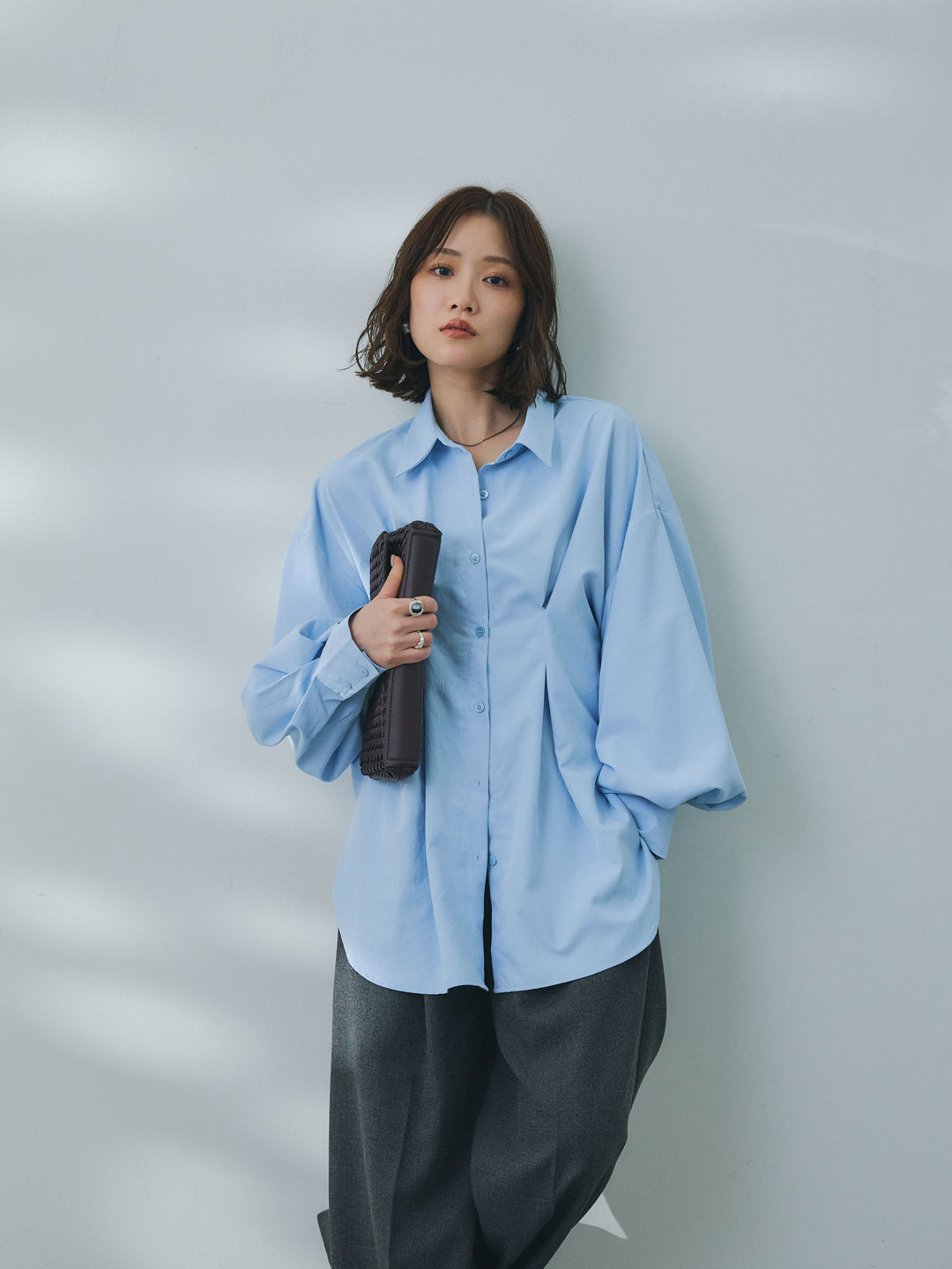 【Allure】[SET]合繊ウエストタックシャツ+杢調ライトストレートパンツ(2set)