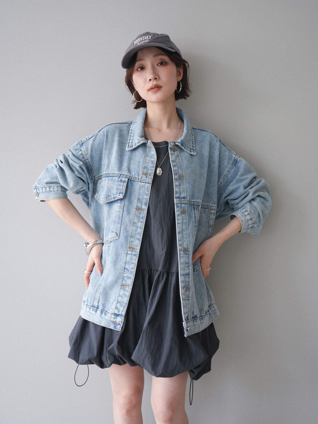 [予約]ドロストバルーンミニワンピース/charcoal