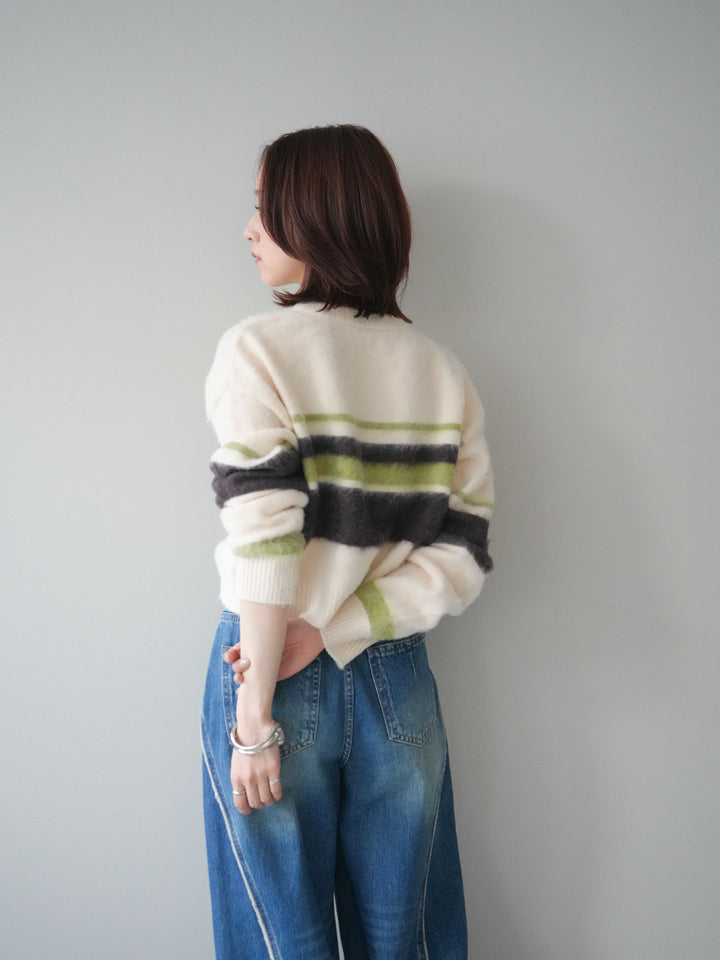 [SET]ソフトタッチボーダークロップドニットプルオーバー+サイドフリンジワイドデニムパンツ(2set)