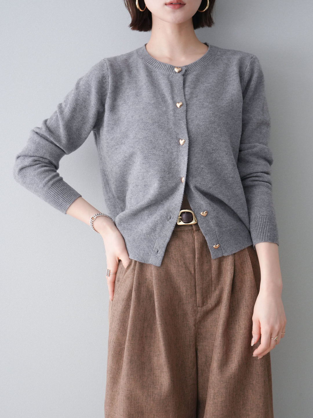 [予約]ハートボタンニットカーディガン/gray