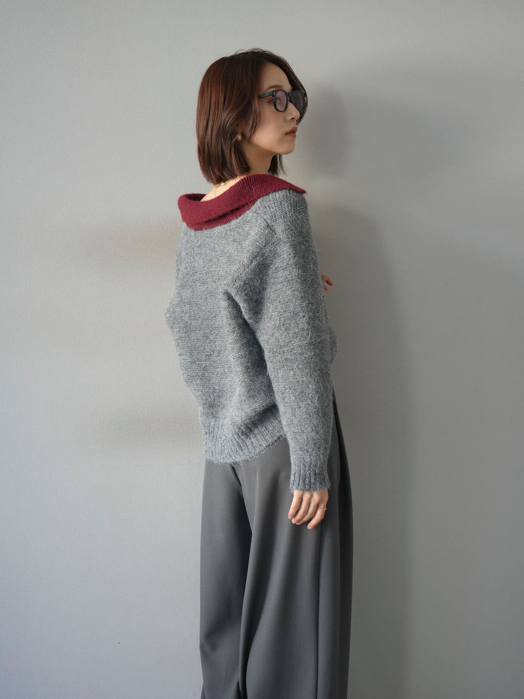 [SET]バイカラー襟付きニットプルオーバー+ベルトループデザインワイドパンツ(2set)