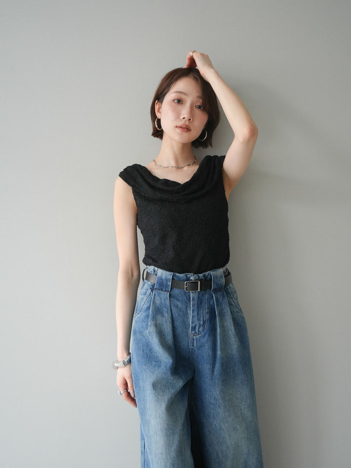 [予約]レースドレープネックアシメトップス/black