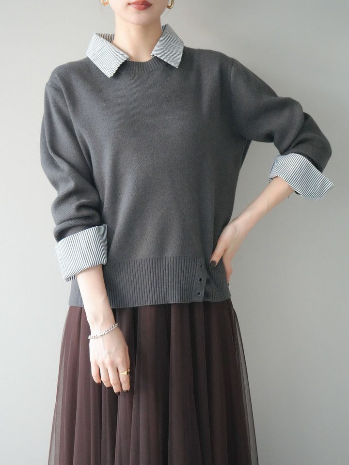 [予約]シャツドッキングデザイン裾ボタンニットプルオーバー/gray