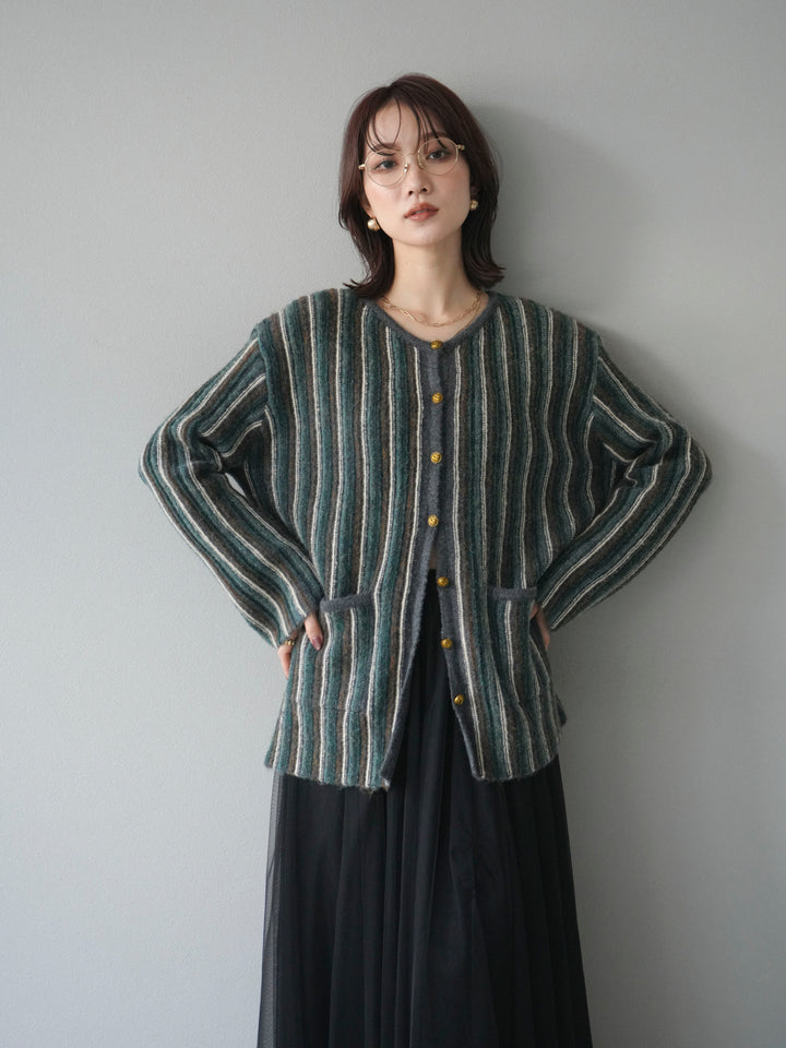 [予約]アンティークボタンストライプニットカーディガン/charcoal