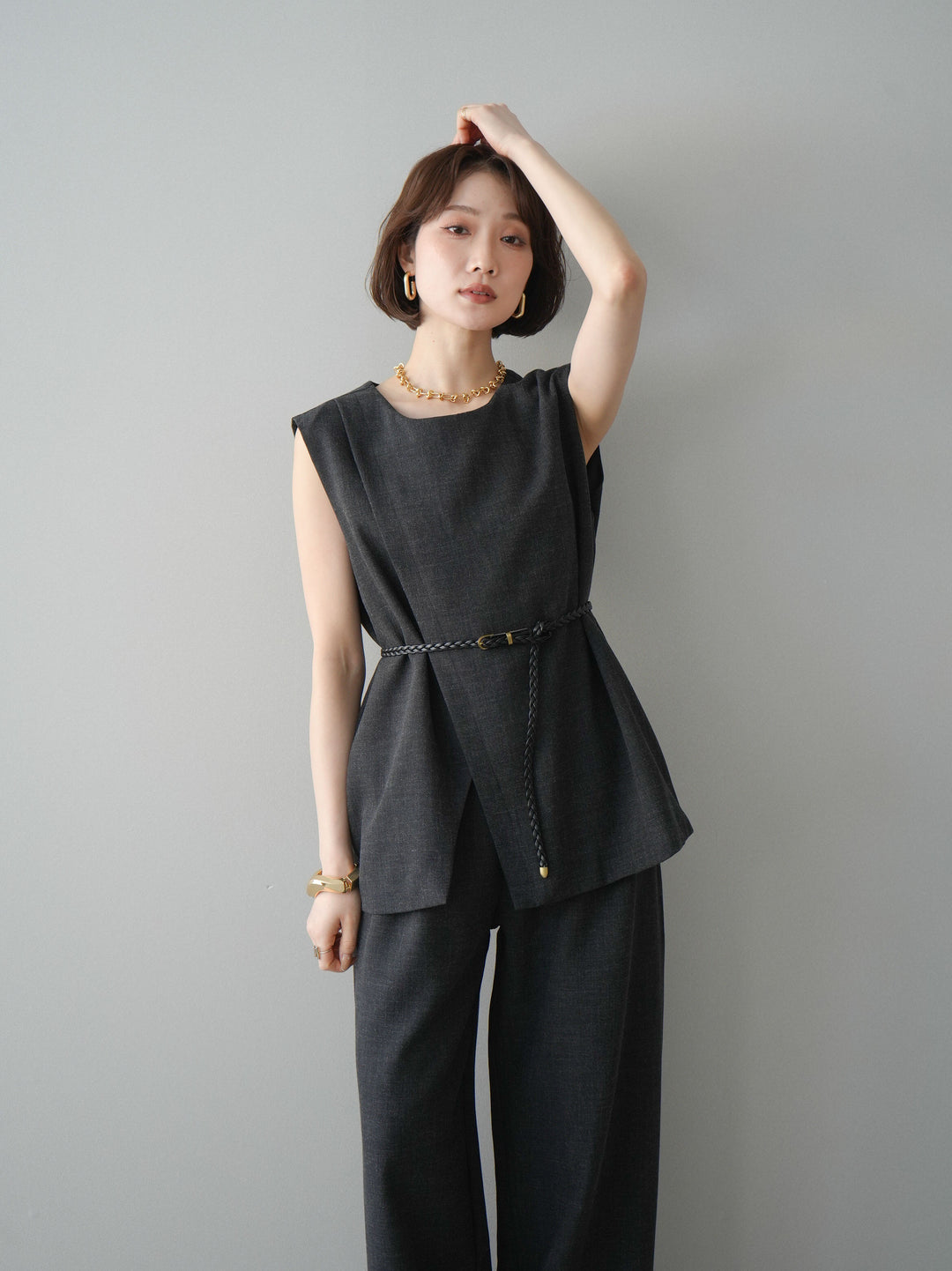 [SET]ベルト付ノースリーブトップス＆ワイドパンツSETUP