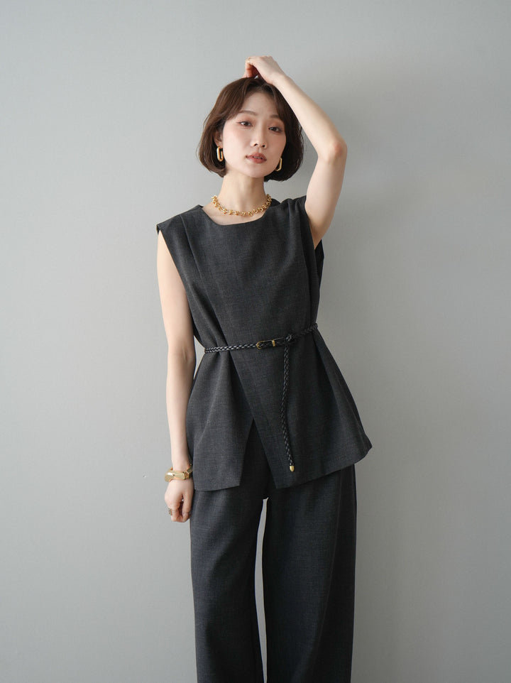 [SET]ベルト付ノースリーブトップス＆ワイドパンツSETUP