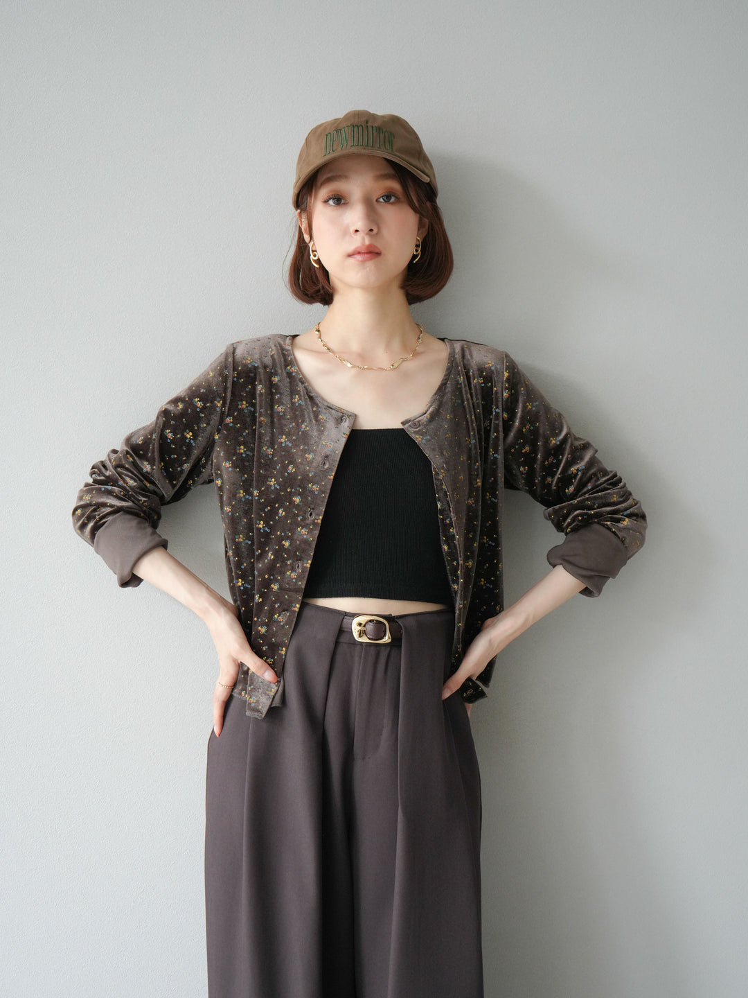 [予約]ベロアフラワープリントカーディガン/ブラウンxイエロー