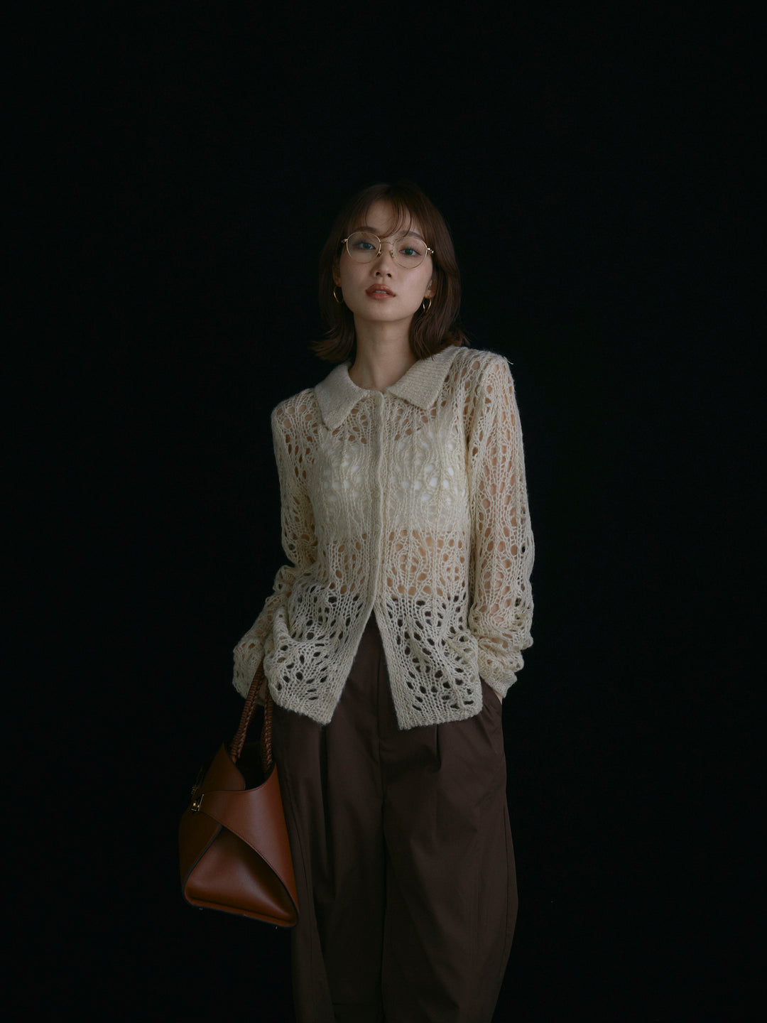 【Allure】[SET]ローゲージ透かし編みポロニッカーディガン+タフタワイドカーブパンツ(2set)