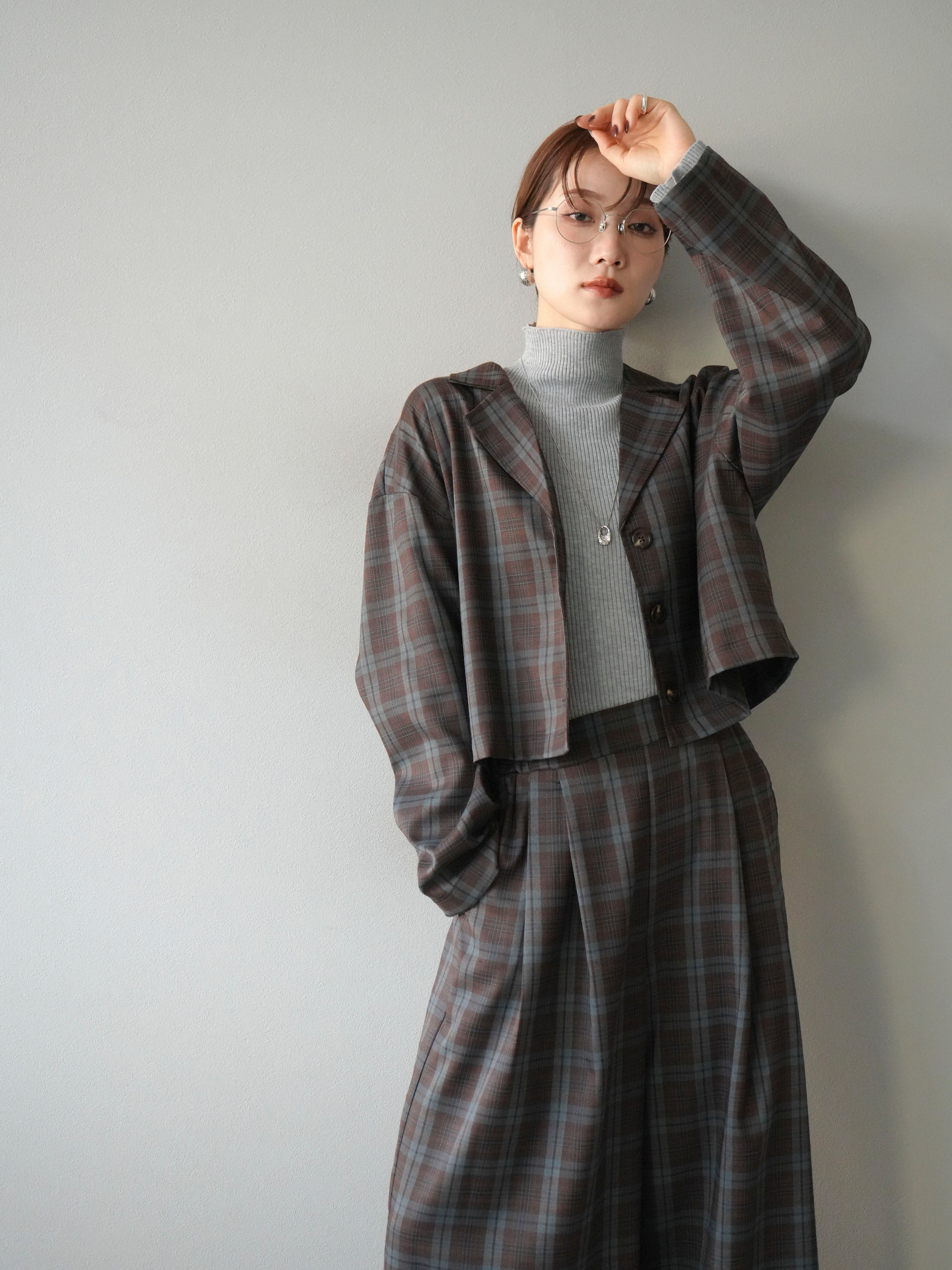 SET]チェック柄ショートジャケット+チェック柄イージーパンツ